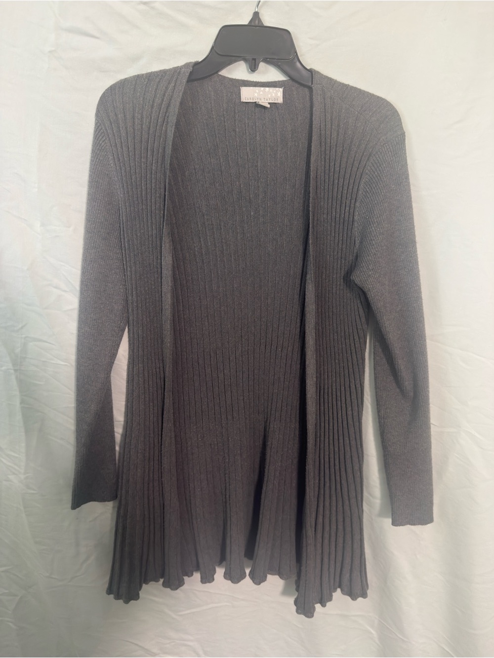 Carolyn Taylor Charcoal Gray Ribbed Open Front Cardigan Pleated Hem Womens Small